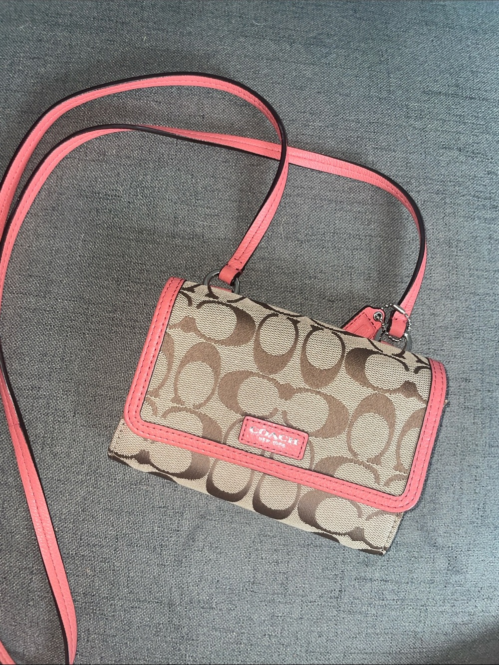 Coach Brown Signature Crossbody Wallet with Pink Trim